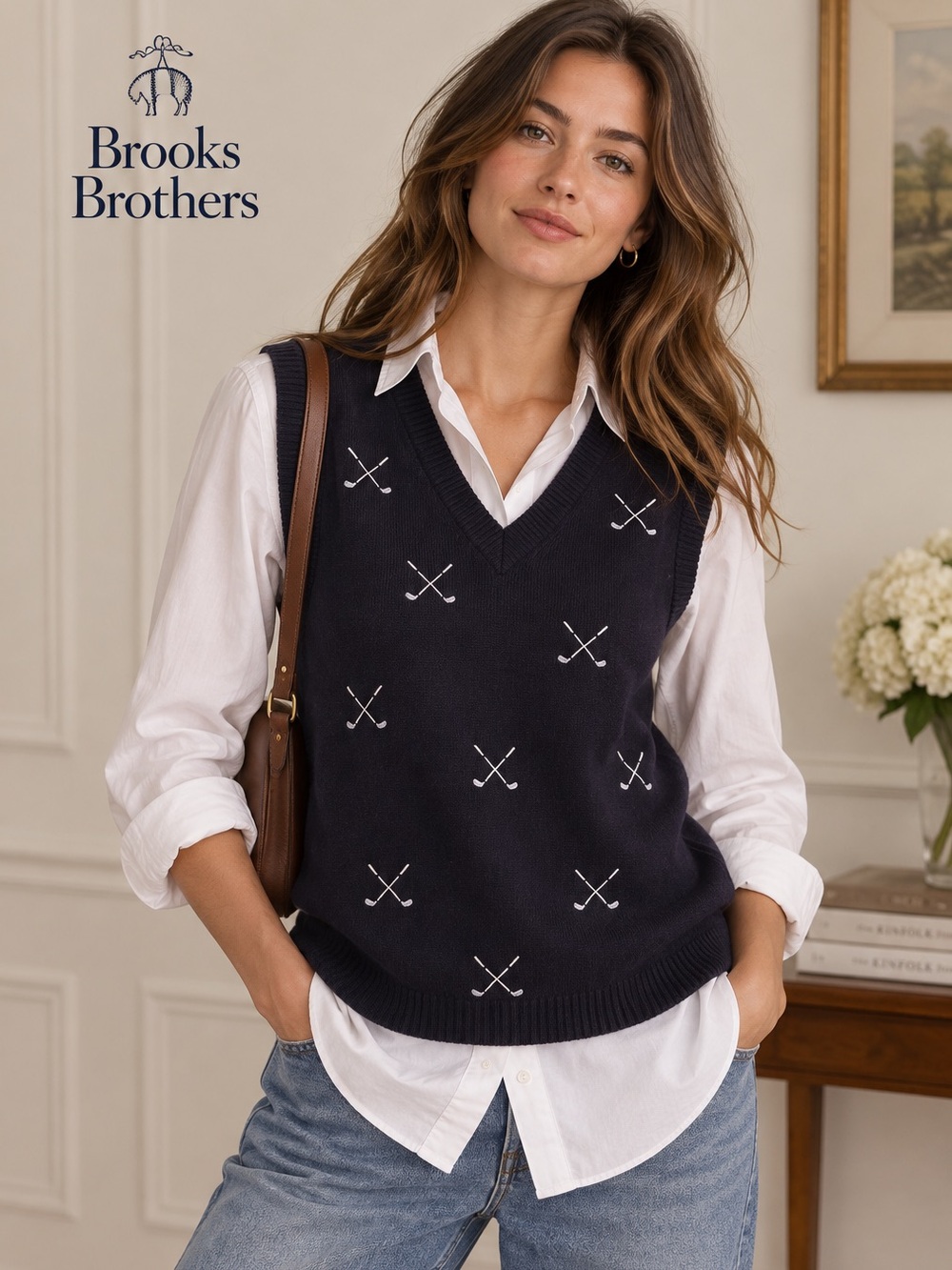 Brooks Brothers Golf Club Navy Embroidered Cotton Sweater Vest L